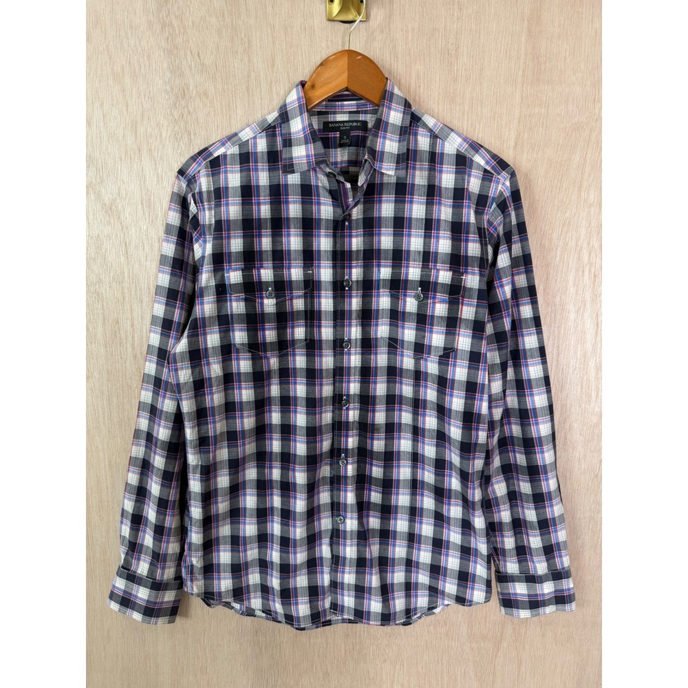 Banana Republic Slim Fit Blue Purple Plaid Button Down Shirt Small Mens Long Slv